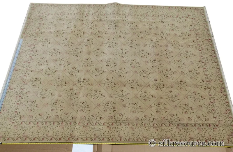 Stark EVERMAN TAN Silk Wool Hand Knotted Rug Delicate Climing Rose Flower Pink Red 11'11"X9' MSRP USD 11,000