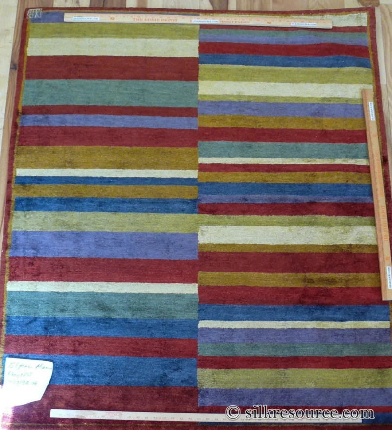 P1670245 Stark Elfers Maroon Stripe 100% Silk Rug 4x6' Red Gold Black Stripe MSRP 00