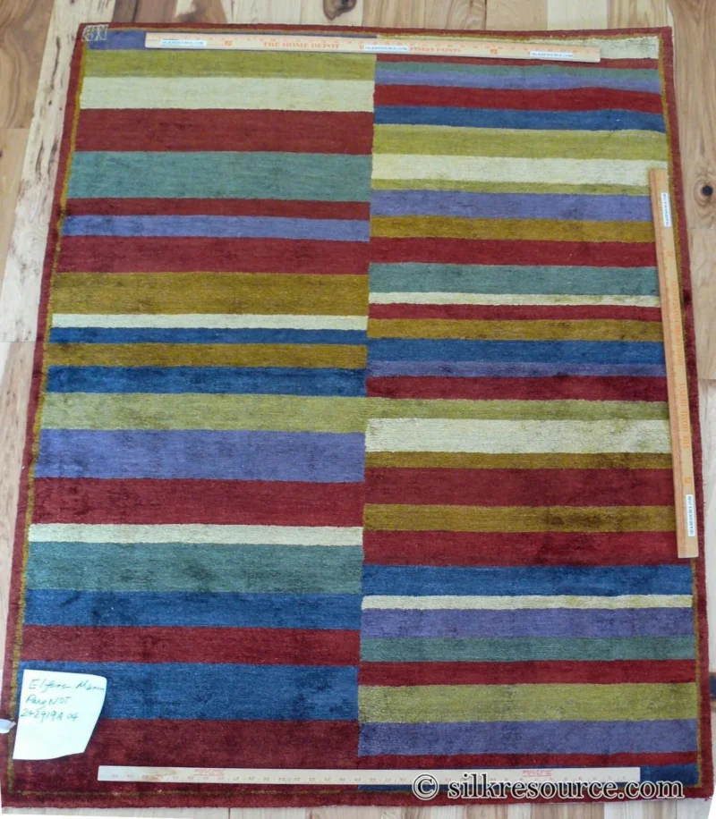 P1670246 Stark Elfers Maroon Stripe 100% Silk Rug 4x6' Red Gold Black Stripe MSRP 00