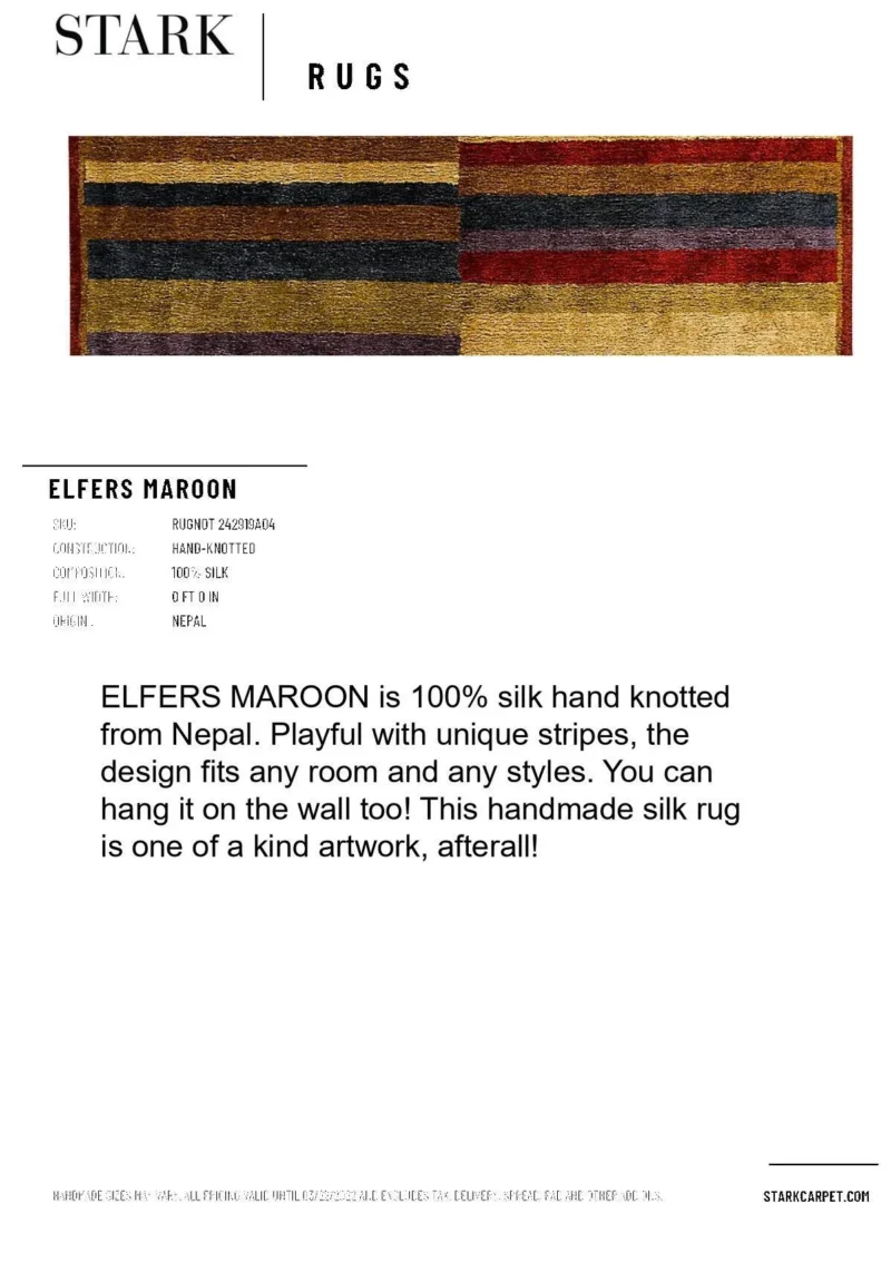 RUGNOT_242919A04_page-0001 Stark Elfers Maroon Stripe 100% Silk Rug 4x6' Red Gold Black Stripe MSRP 00