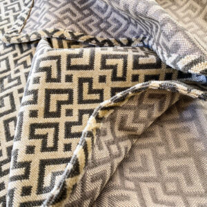 IMG_5515 1 Berkbox64 Finished Drapery 2.4 yard Scalamandre  Colony Roma Raff Linen Velvet Geometric Brown and Beige MSRP USD 300+/Y