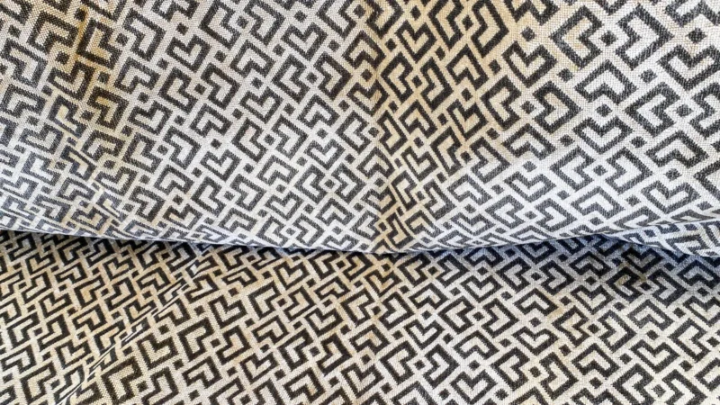 IMG_5518 1 Berkbox64 Finished Drapery 2.4 yard Scalamandre  Colony Roma Raff Linen Velvet Geometric Brown and Beige MSRP USD 300+/Y
