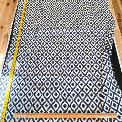 IMG_5573 10 Berkbox64 Finished Drapery 2.4yard Scalamandre MALAY IKAT WEAVE INDIGO Jacquard Blue and White