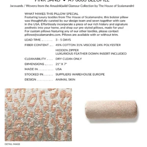 LEOPARD BOLSTER - PINK SAND - SCALAMANDRÉ PILLOW 21"x7" Scalamandre LEOPARD BOLSTER PINK SAND Animal Skin MSRP USD339+