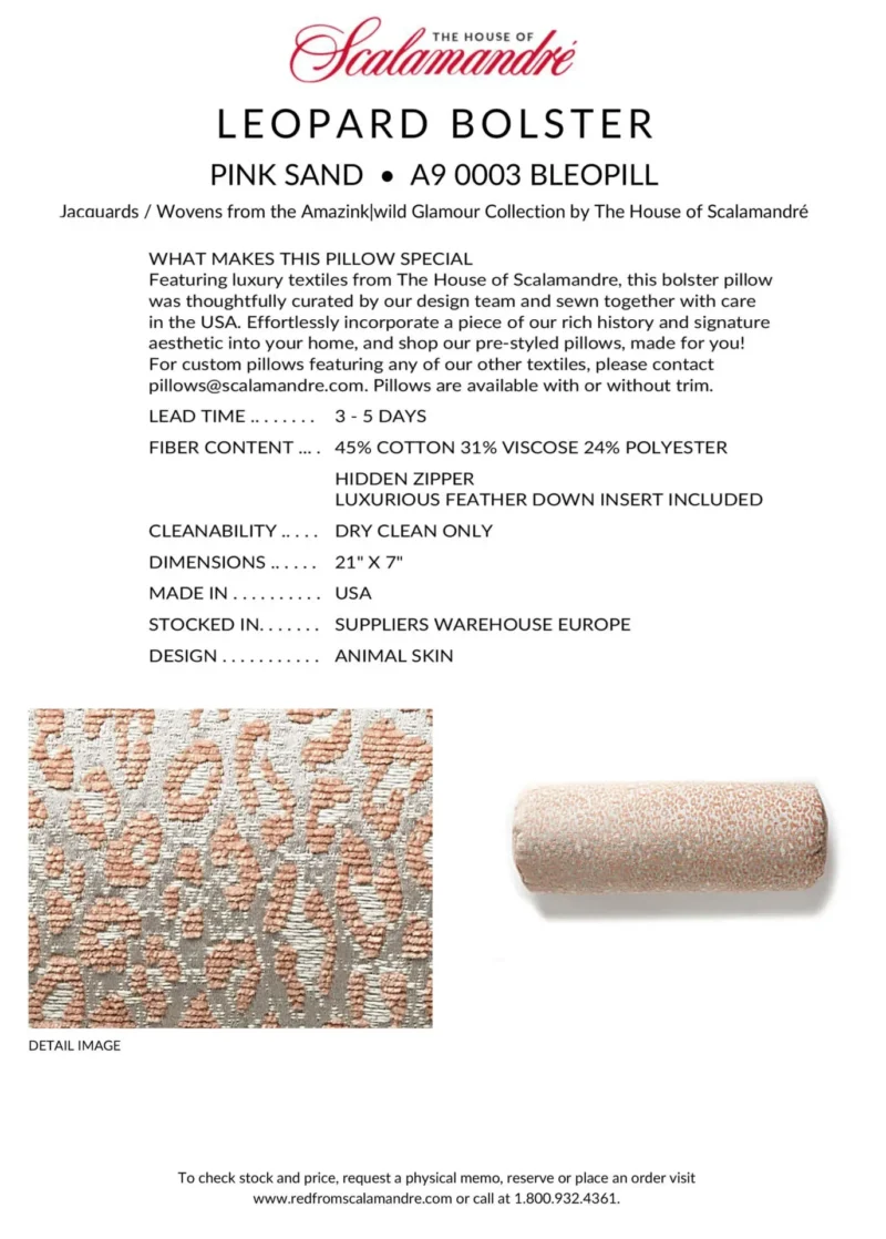 LEOPARD BOLSTER - PINK SAND - SCALAMANDRÉ PILLOW 21"x7" Scalamandre LEOPARD BOLSTER PINK SAND Animal Skin MSRP USD339+