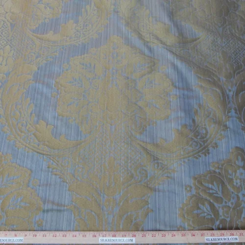P1120087 100% Silk Damask on Strie Demure Blue Purple Antique Gold Classic Renaissance Artichoke Reversible 59"wide