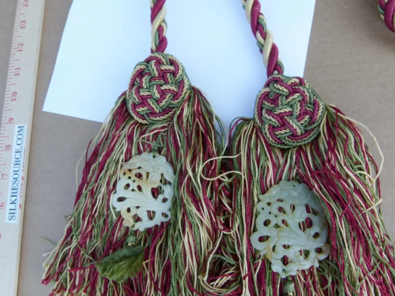 P1120243 Scalamandre Silk Tiebacks Handmade Duchessa Silk/Jade Double Tieback Jade Deep Red MSRP USD480 each T3022-07