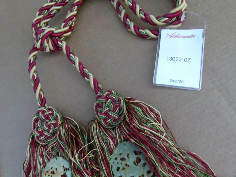 P1120244 Scalamandre Silk Tiebacks Handmade Duchessa Silk/Jade Double Tieback Jade Deep Red MSRP USD480 each T3022-07