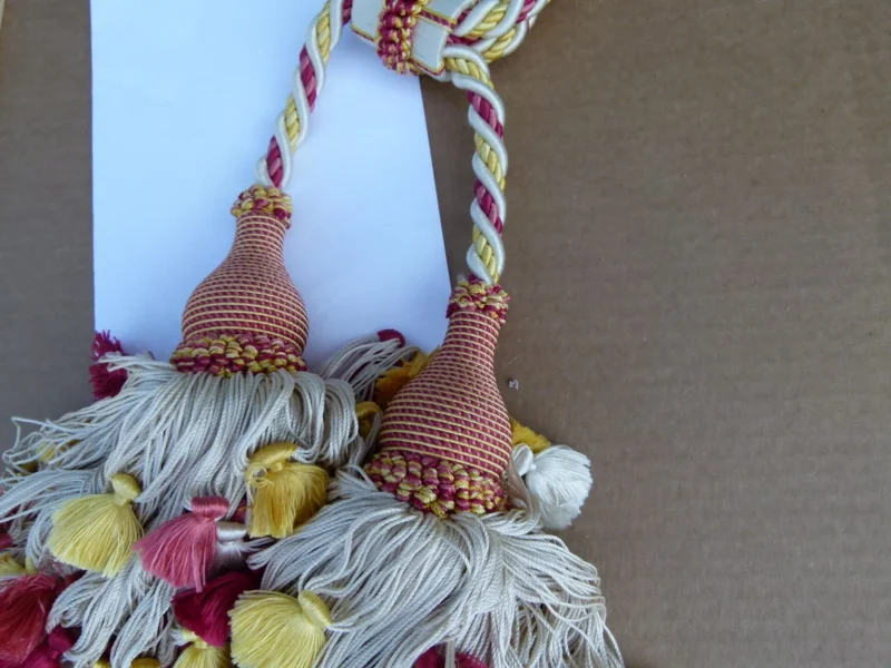 P1120269 Scalamandre Silk Tiebacks Handmade Lyon Silk Double Tassel Red Yellow White MSRP USD440 each T3187-17