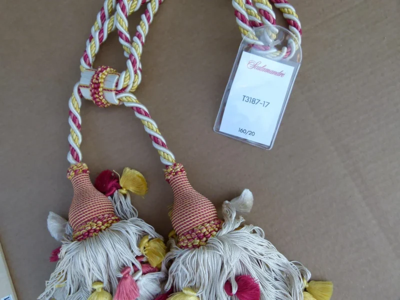 P1120270 Scalamandre Silk Tiebacks Handmade Lyon Silk Double Tassel Red Yellow White MSRP USD440 each T3187-17