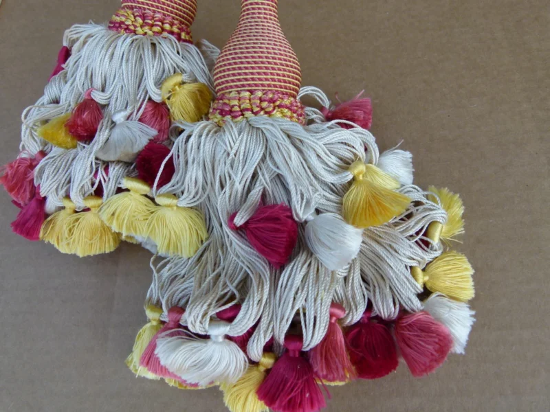 P1120271 Scalamandre Silk Tiebacks Handmade Lyon Silk Double Tassel Red Yellow White MSRP USD440 each T3187-17