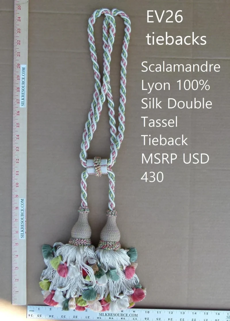 P1120281 Scalamandre Silk Tiebacks Handmade Lyon Double Tassel White Green  MSRP USD430