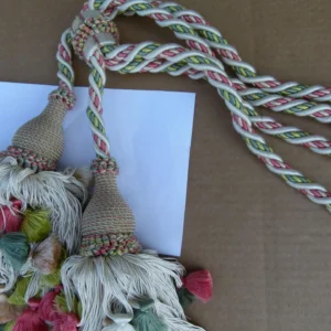 P1120283 Scalamandre Silk Tiebacks Handmade Lyon Double Tassel White Green  MSRP USD430