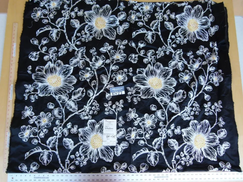 P1120481 28 EV27 2.3yd x 54″wide Scalamandre DUCHESS SILK Black Embroidery Large pattern Botanical Foliage
