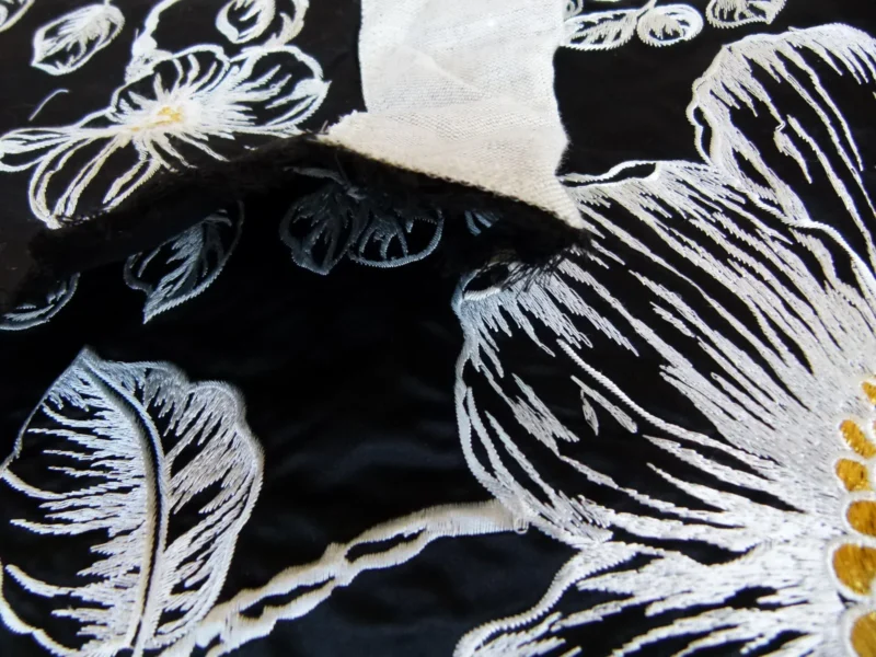 P1120483 28 EV27 2.3yd x 54″wide Scalamandre DUCHESS SILK Black Embroidery Large pattern Botanical Foliage