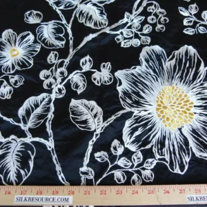 P1120484 28 EV27 2.3yd x 54″wide Scalamandre DUCHESS SILK Black Embroidery Large pattern Botanical Foliage