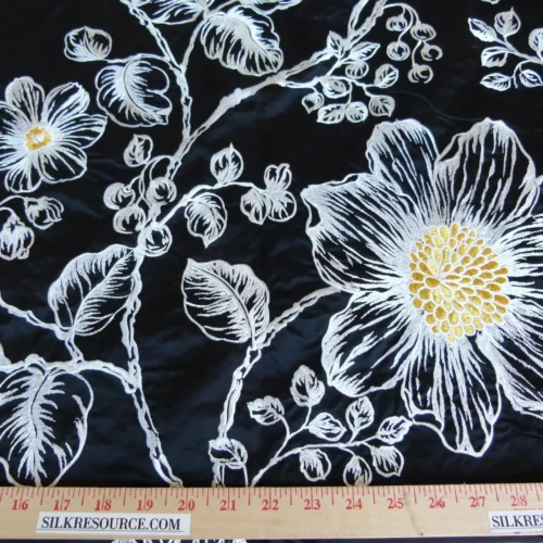 P1120484 28 EV27 2.3yd x 54″wide Scalamandre DUCHESS SILK Black Embroidery Large pattern Botanical Foliage