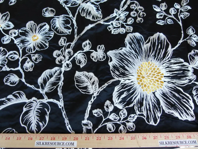 P1120484 28 EV27 2.3yd x 54″wide Scalamandre DUCHESS SILK Black Embroidery Large pattern Botanical Foliage