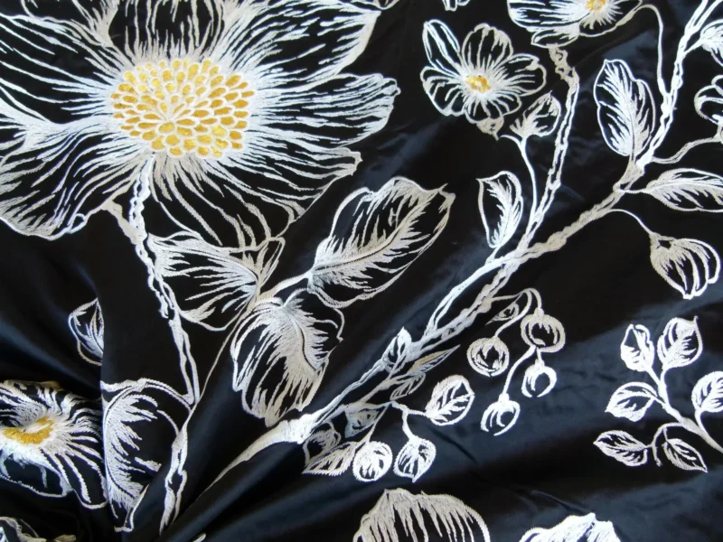 P1120485 28 EV27 2.3yd x 54″wide Scalamandre DUCHESS SILK Black Embroidery Large pattern Botanical Foliage