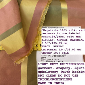 IMG_5195text Scalamandre " Belle Sage, Pink & Gold Silk Satin Texture Stripe MSRP USD 188/Y Stripe