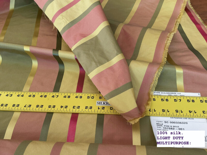 IMG_5196 Scalamandre " Belle Sage, Pink & Gold Silk Satin Texture Stripe MSRP USD 188/Y Stripe