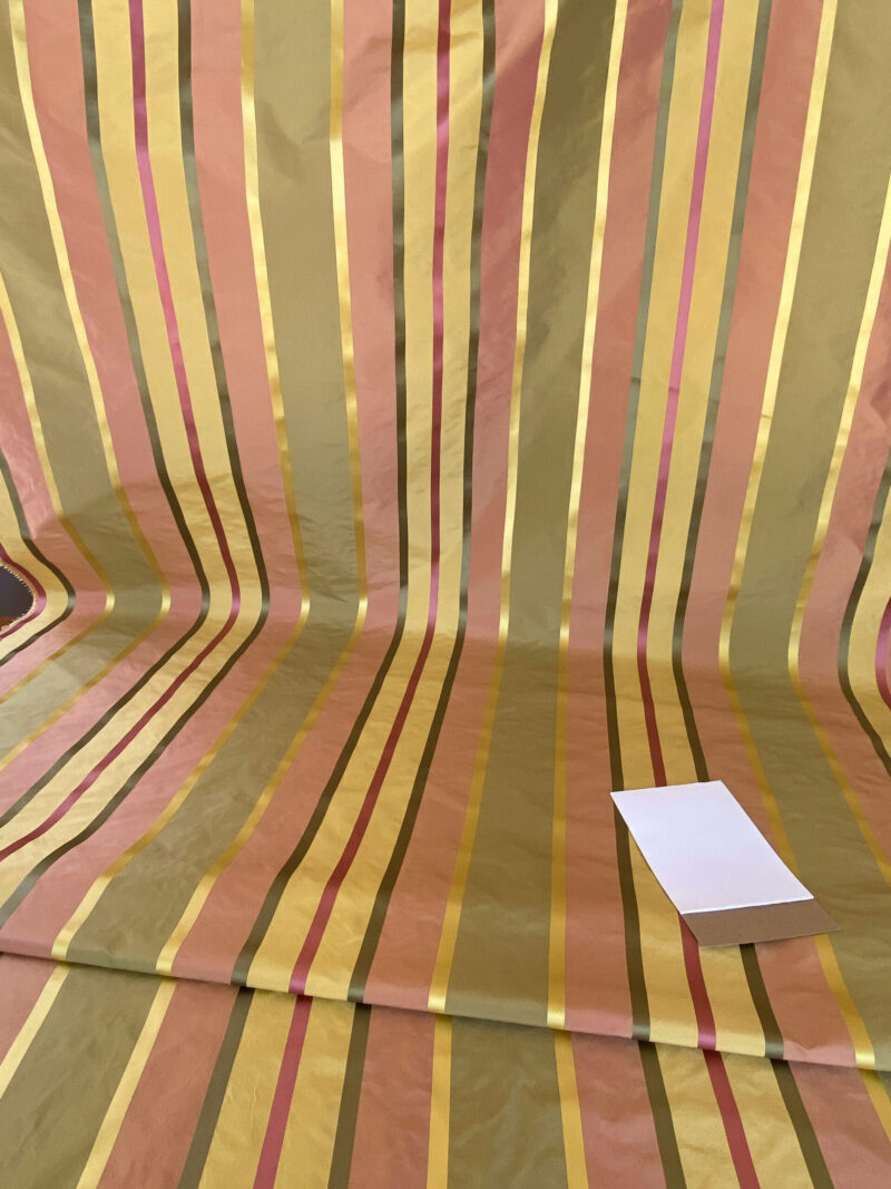 IMG_5200 Scalamandre " Belle Sage, Pink & Gold Silk Satin Texture Stripe MSRP USD 188/Y Stripe
