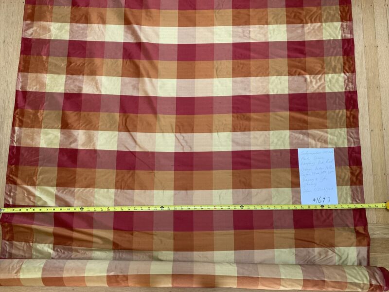 IMG_8969 Stunning Schumacher 100% Silk Dupioni Plaid Square Raspberry Pink Red Orange Butter Yellow Gold