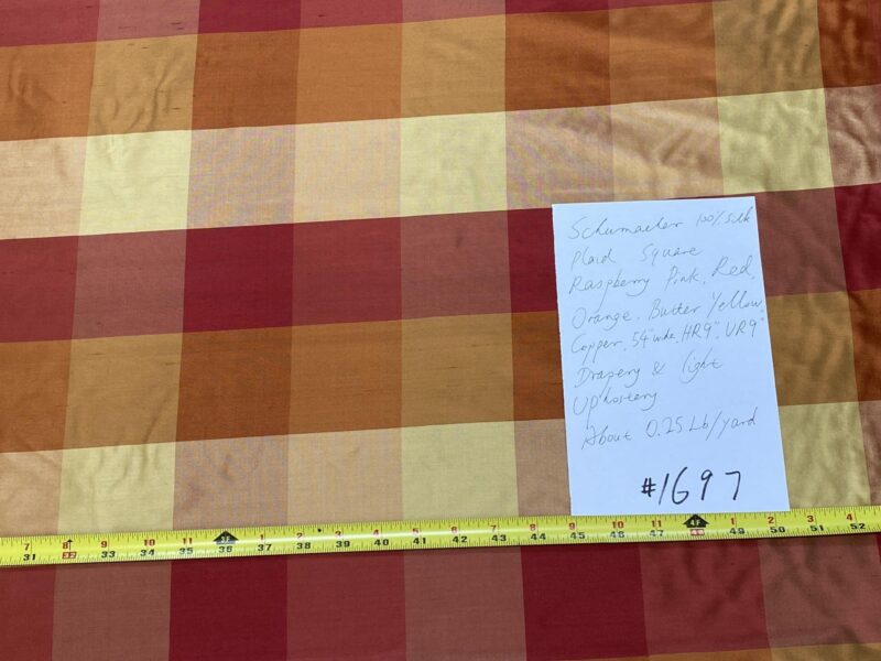 IMG_8970 Stunning Schumacher 100% Silk Dupioni Plaid Square Raspberry Pink Red Orange Butter Yellow Gold