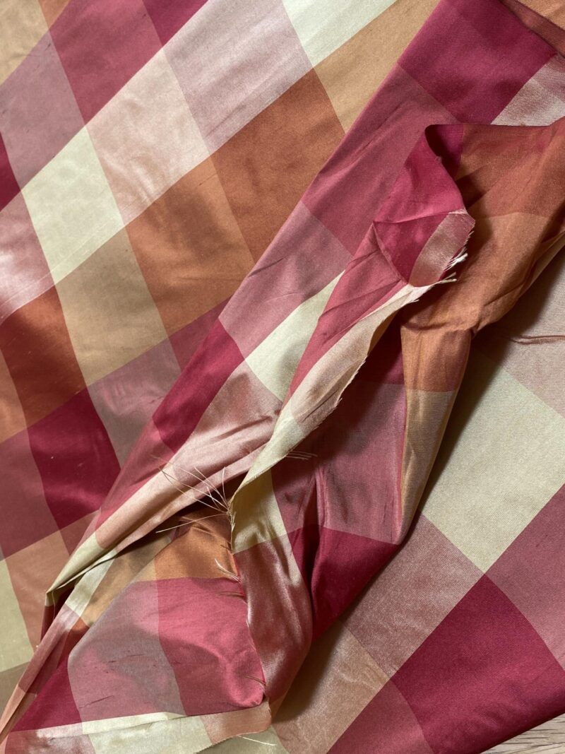 IMG_8971 Stunning Schumacher 100% Silk Dupioni Plaid Square Raspberry Pink Red Orange Butter Yellow Gold
