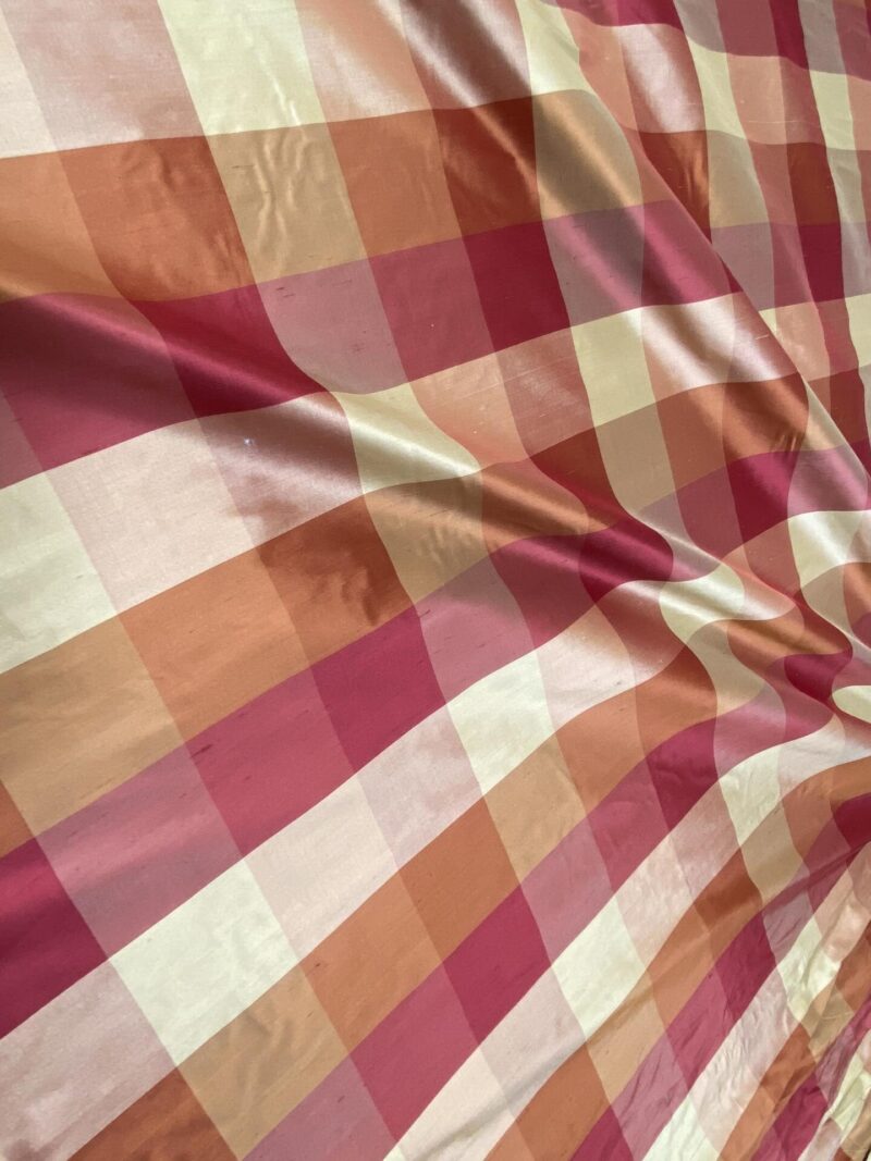 IMG_8975 Stunning Schumacher 100% Silk Dupioni Plaid Square Raspberry Pink Red Orange Butter Yellow Gold