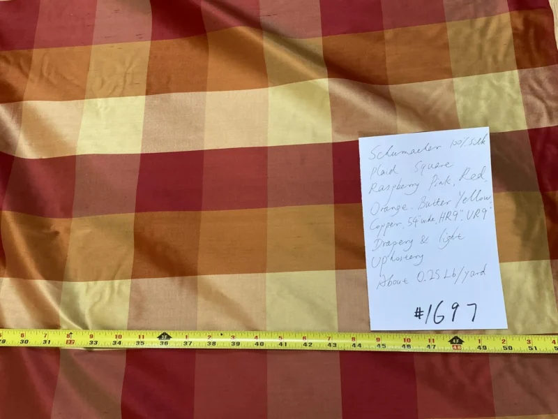 IMG_8976 Stunning Schumacher 100% Silk Dupioni Plaid Square Raspberry Pink Red Orange Butter Yellow Gold