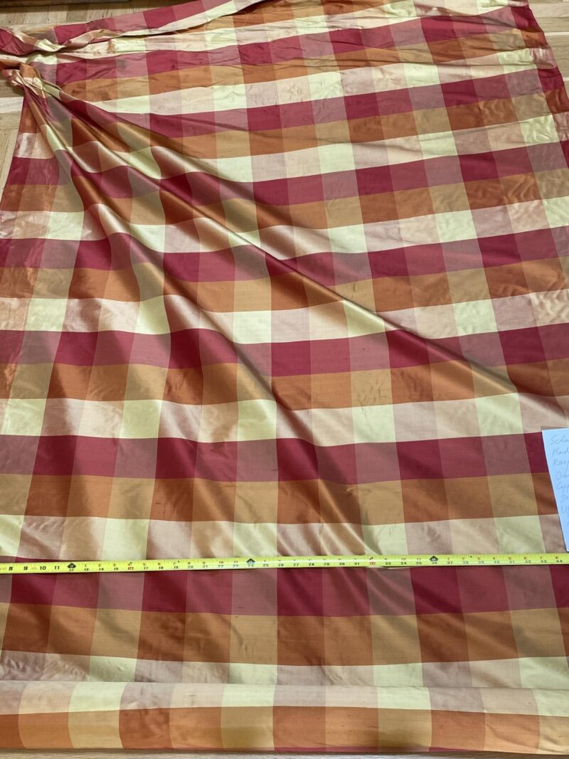 IMG_8977 Stunning Schumacher 100% Silk Dupioni Plaid Square Raspberry Pink Red Orange Butter Yellow Gold