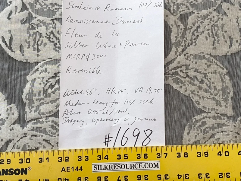 IMG_9060 Stroheim & Romann Luxurious 100% Silk Renaissance Medallion Fleur De Lis Damask Silver White Pewter MSRP USD300+/Y