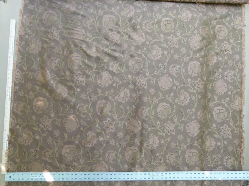 P1130071 Earthly Beauty 100% Silk Lampas Jacobean Floral Tobacco Golden Brown Pink Flower Carnation Rose Tree of Life Pomegranate