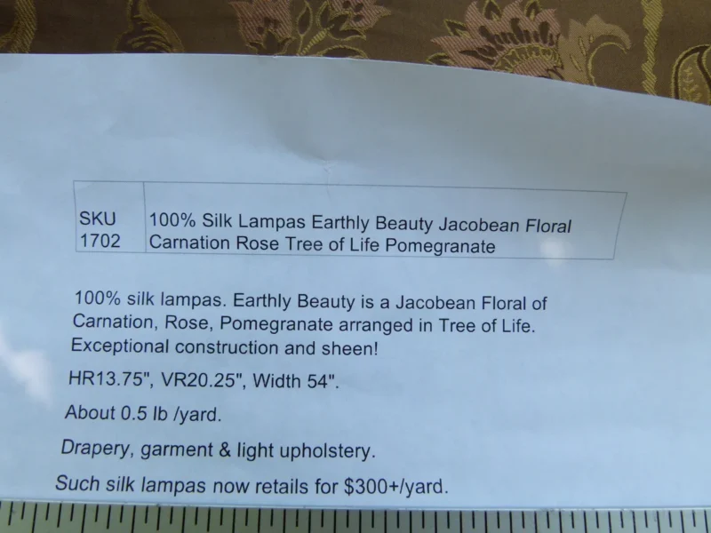 P1130073 Earthly Beauty 100% Silk Lampas Jacobean Floral Tobacco Golden Brown Pink Flower Carnation Rose Tree of Life Pomegranate