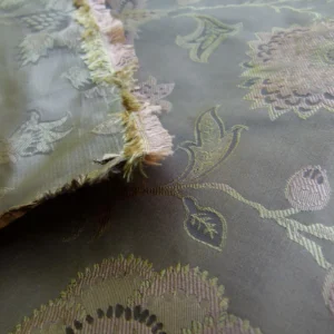 P1130076 Earthly Beauty 100% Silk Lampas Jacobean Floral Tobacco Golden Brown Pink Flower Carnation Rose Tree of Life Pomegranate