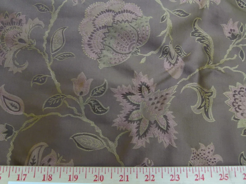 P1130079 Earthly Beauty 100% Silk Lampas Jacobean Floral Tobacco Golden Brown Pink Flower Carnation Rose Tree of Life Pomegranate