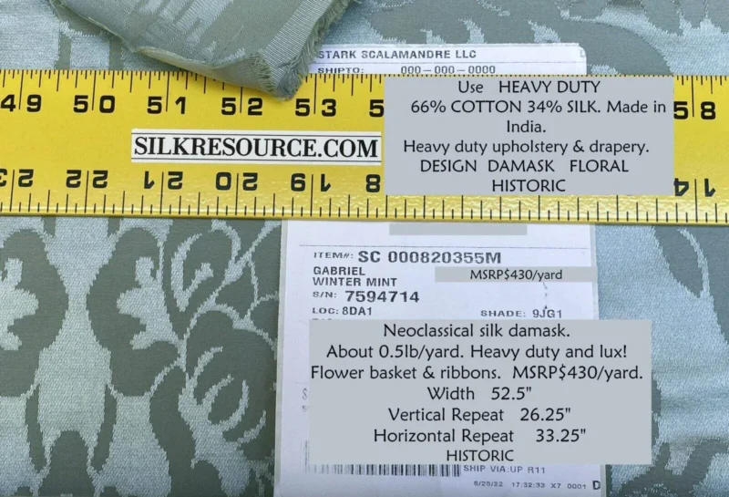 IMG_5462-3-scaled 0.6Y Scalamandre Gabriel Winter Mint Green Silk Damask Flower Basket MSRP USD 430/Y
