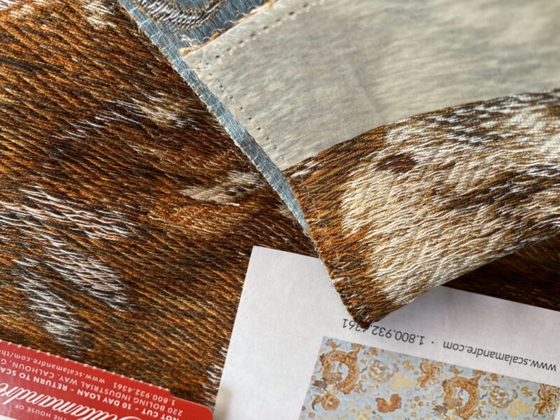 by yard Scalamandre Dragon Tableau, Copper Sky Lampas Chinoserie Blue MSRP USD 716/y