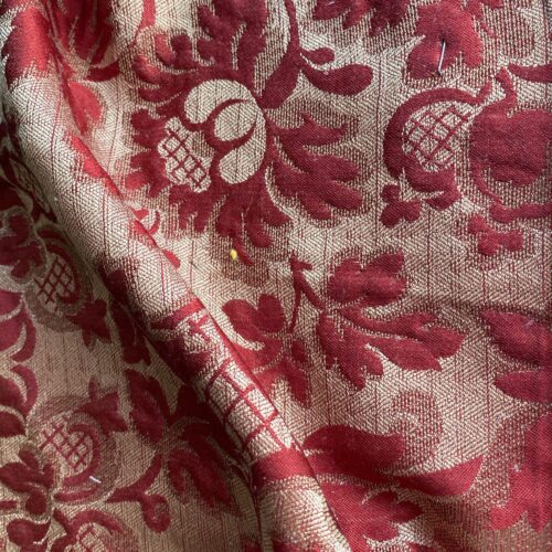 Designer Heritage Vine Pomegrante Silk Renaissance Matelassé Ruby Red Silver Gold 100% silk