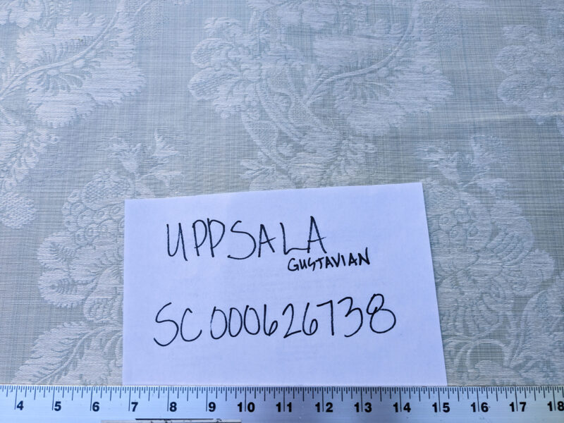 PXL_20231003_210908068 17x17" Sample Scalamandre Uppsala White On Gustavian Blue Green Silk Damask MSRP USD 588/y
