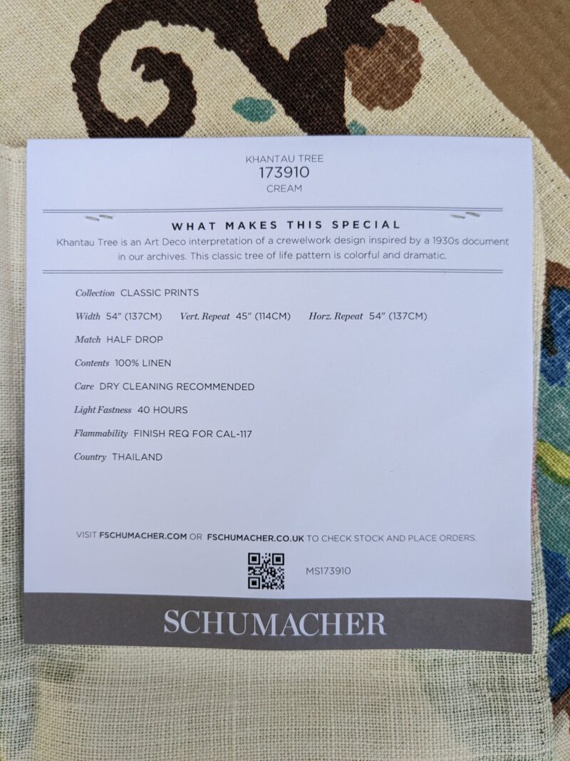 PXL_20231024_213626849 Schumacher Khantau Tree in Cream Linen Art Deco Tree of life Botanical Colorful MSRP USD356/y