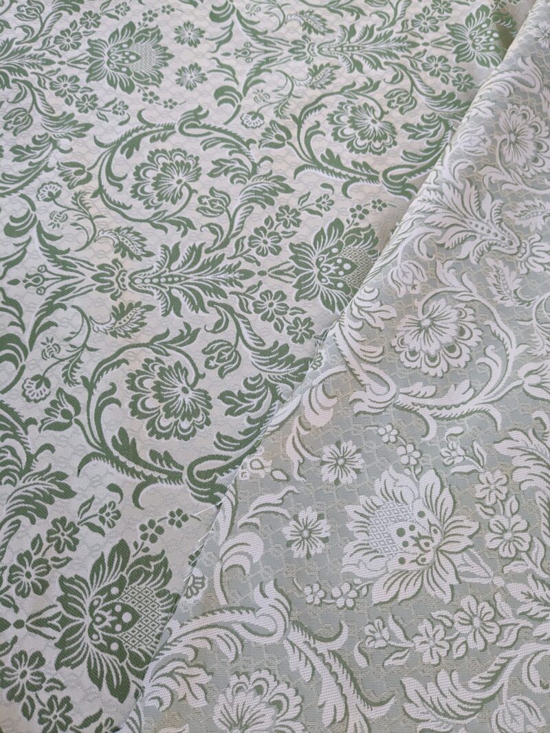 PXL_20240227_232806511 In Name of Rose Medallion Acanthus Renaissance Silk Damask Jacquard Pale Green & Gold MSRP USD 200+/Y