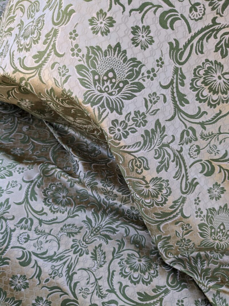 PXL_20240227_232823926 In Name of Rose Medallion Acanthus Renaissance Silk Damask Jacquard Pale Green & Gold MSRP USD 200+/Y