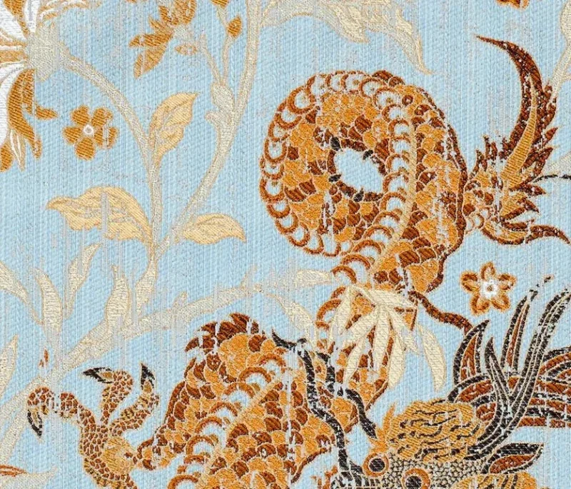 by yard Scalamandre Dragon Tableau, Copper Sky Lampas Chinoserie Blue MSRP USD 716/y
