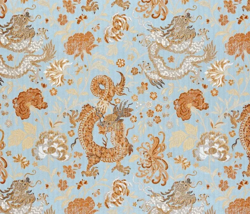by yard Scalamandre Dragon Tableau, Copper Sky Lampas Chinoserie Blue MSRP USD 716/y