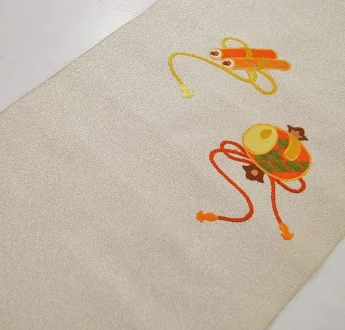 DSC_0193 a17 Silk Nagoya Obi Embroidered Fortune Gavel Paper Scroll 118x12.9inch 3mx33cm