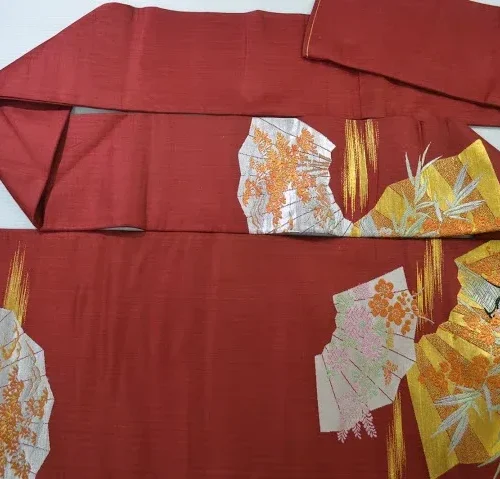 DSC_0219 a20 Vintage Silk Nagoya Obi Belt Red Folding Fan/Plum Blossom 3.3m x 15 - 30cm