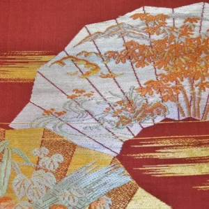 DSC_0224 Vintage Silk Nagoya Obi Belt Red Folding Fan/Plum Blossom 3.3m x 15 - 30cm