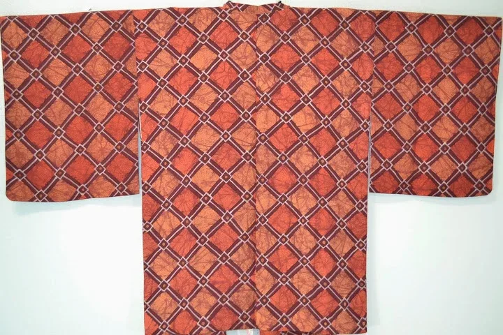DSC_0288 High Quality Japanese Silk Haori Jacket Hand Dyed Classic Diamond red orange